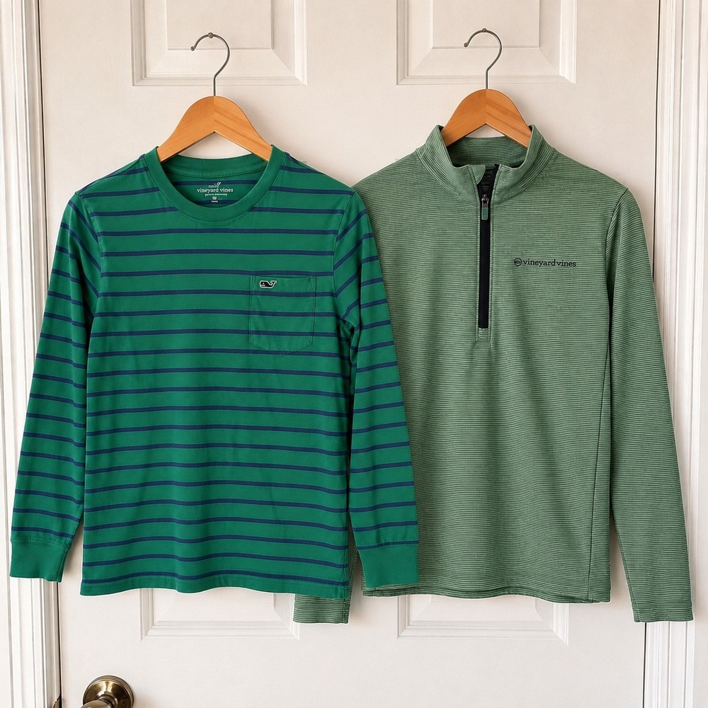 Vineyard Vines Boys M 12-14 Striped Tee Sankaty Quarter Zip 2pc Bundle